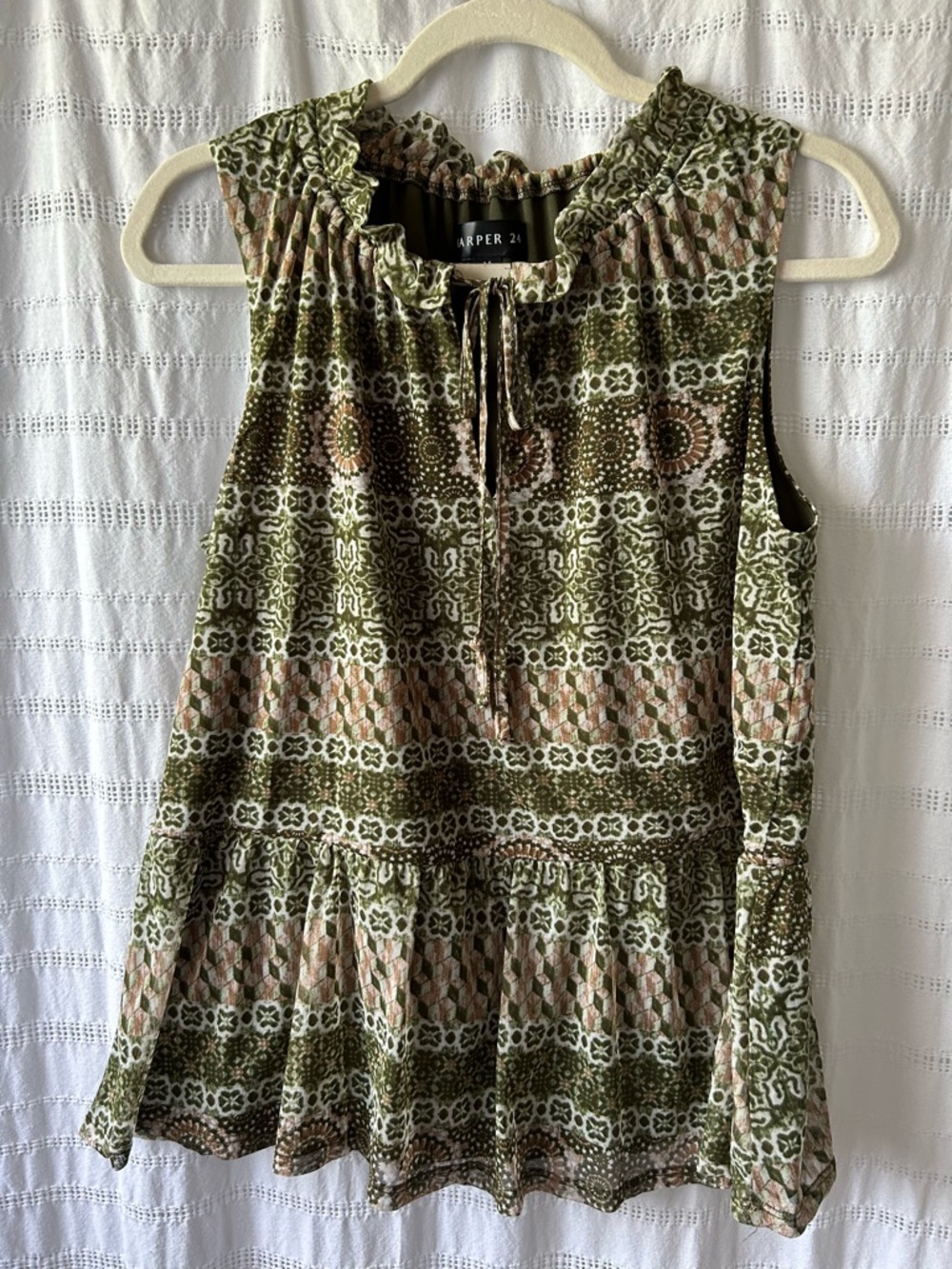 Harper Olive Green and Tan Printed Ruffle-Neck Sleeveless Top
